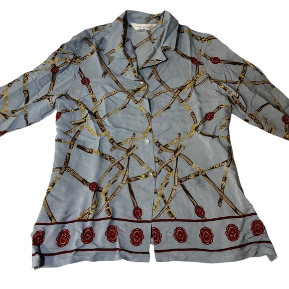 Casual Corner Blouse Button Up Horse Chain Print Career Top Blue Red Size 10‎ - Picture 1 of 10